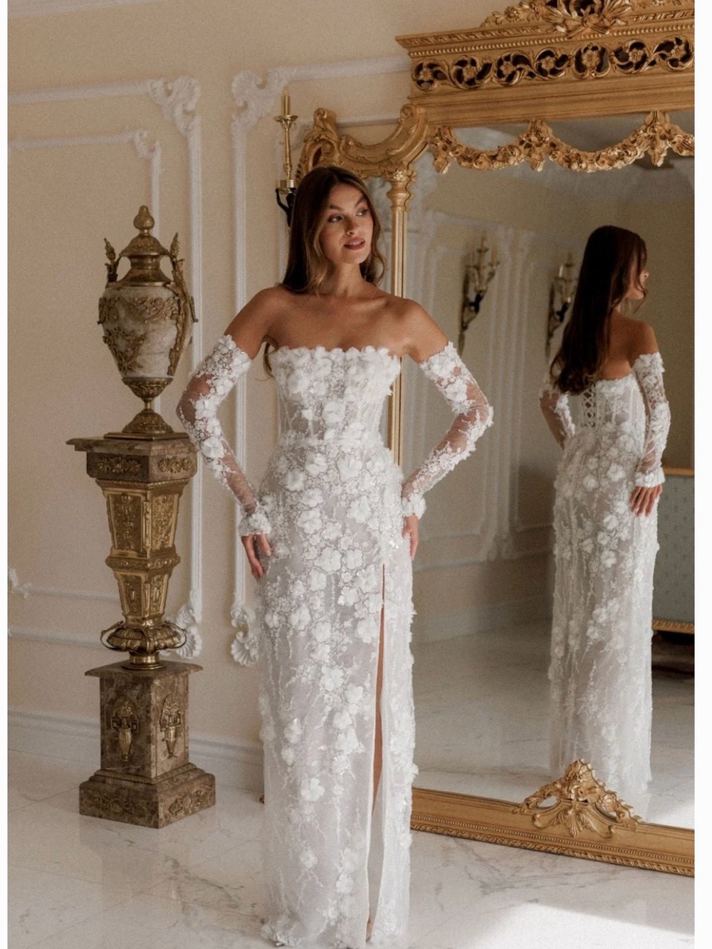 Off-Shoulder White Floral Lace Wedding Gown